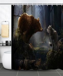Wilderness Black Bear And Wolf Bathroom Decor Curtain Made Of Waterproof Fabric