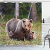 Wilderness Shower Curtain, Finnish Forest Mother Bear And Cubs Print, Cloth Fabric Bathroom Decor, Fern Green And Cocoa