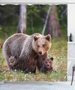 Wilderness Shower Curtain, Finnish Forest Mother Bear And Cubs Print, Cloth Fabric Bathroom Decor, Fern Green And Cocoa