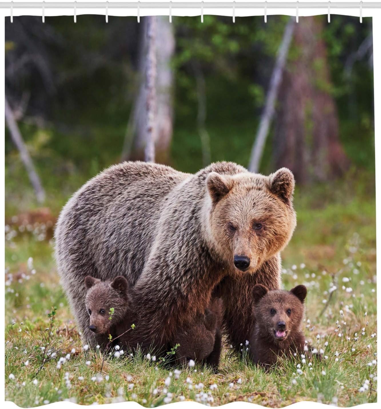 Wilderness Shower Curtain, Finnish Forest Mother Bear And Cubs Print, Cloth Fabric Bathroom Decor, Fern Green And Cocoa - Image 2