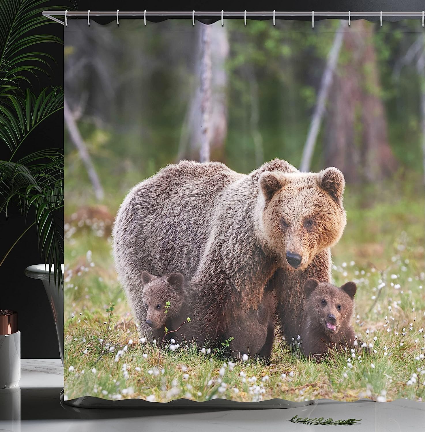 Wilderness Shower Curtain, Finnish Forest Mother Bear And Cubs Print, Cloth Fabric Bathroom Decor, Fern Green And Cocoa - Image 3