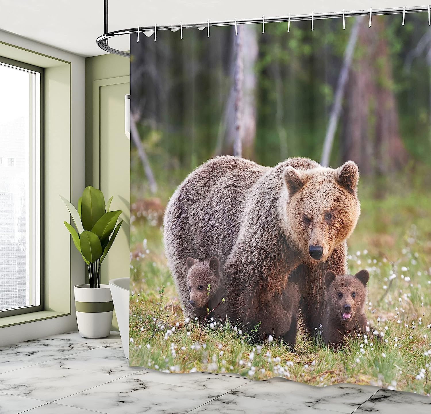 Wilderness Shower Curtain, Finnish Forest Mother Bear And Cubs Print, Cloth Fabric Bathroom Decor, Fern Green And Cocoa - Image 4