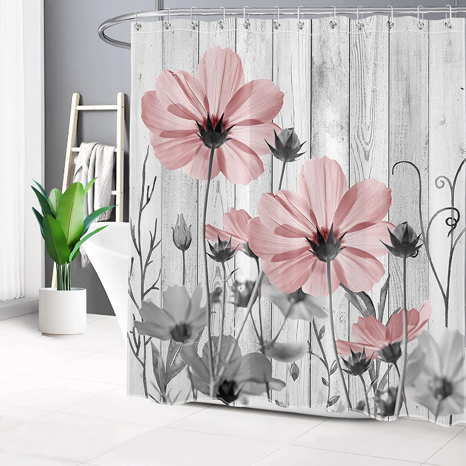 Wildflower Vintage Farmhouse Grey Flower Shower Curtain For Bathroom Decor, - Image 2