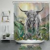 Wildflowers Watercolor Mountains Shower Curtain, Highland Cow Bathroom Decor