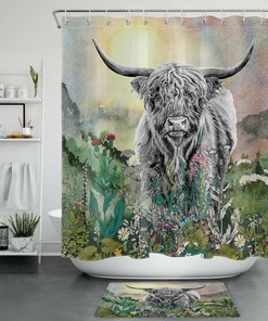 Wildflowers Watercolor Mountains Shower Curtain, Highland Cow Bathroom Decor