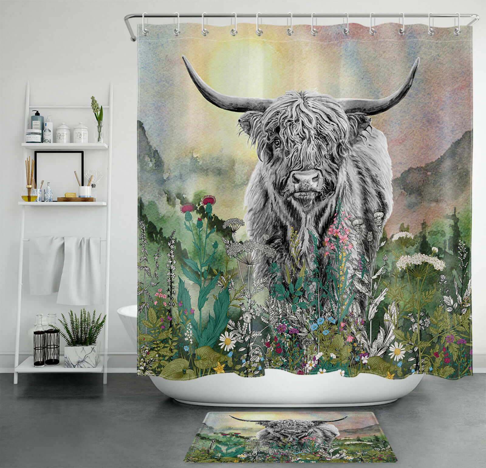 Wildflowers Watercolor Mountains Shower Curtain, Highland Cow Bathroom Decor