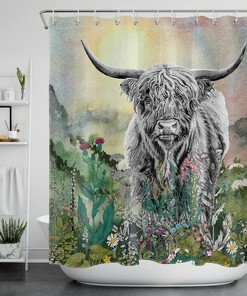 Wildflowers Watercolor Mountains Shower Curtain, Highland Cow Bathroom Decor