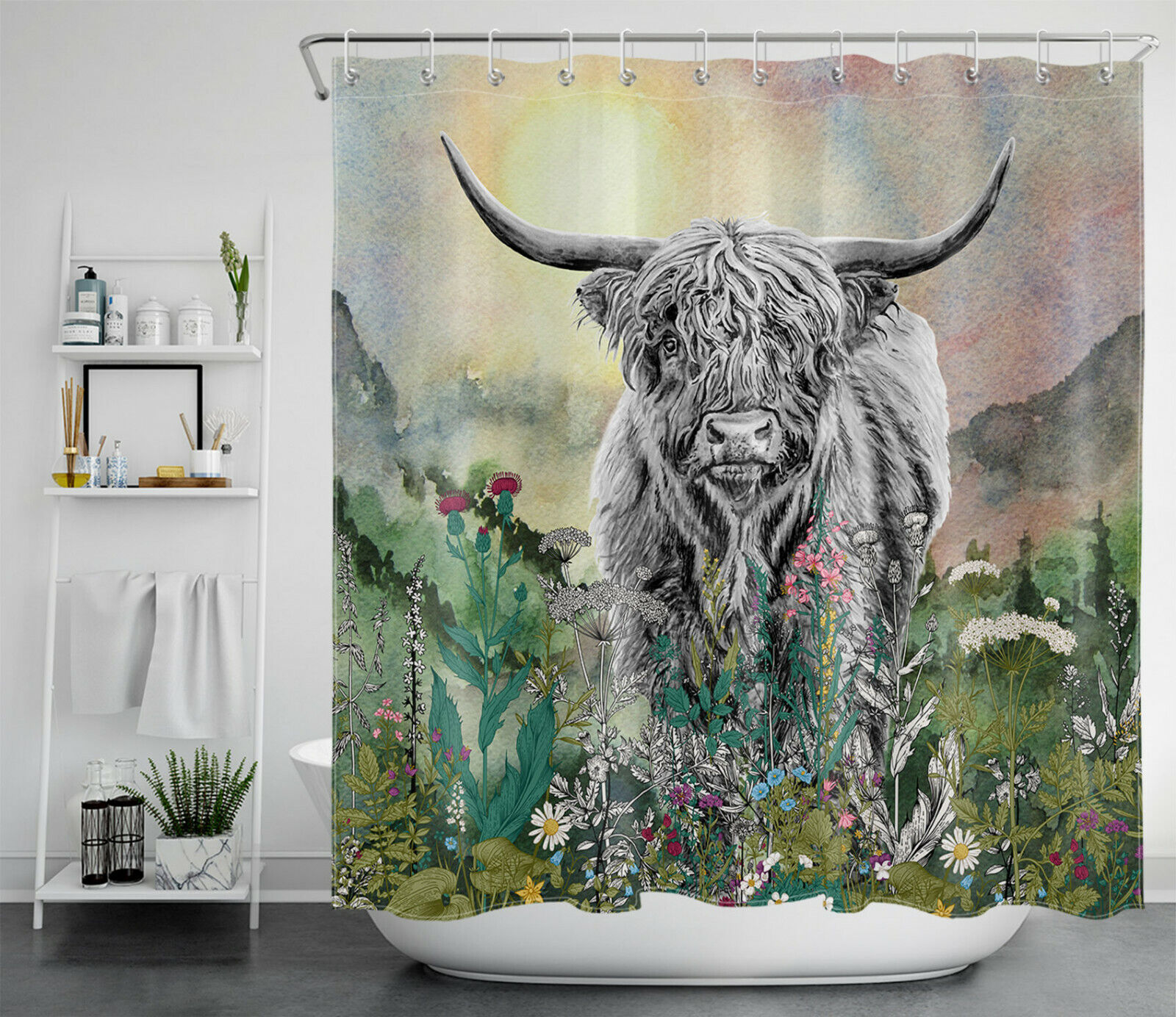 Wildflowers Watercolor Mountains Shower Curtain, Highland Cow Bathroom Decor