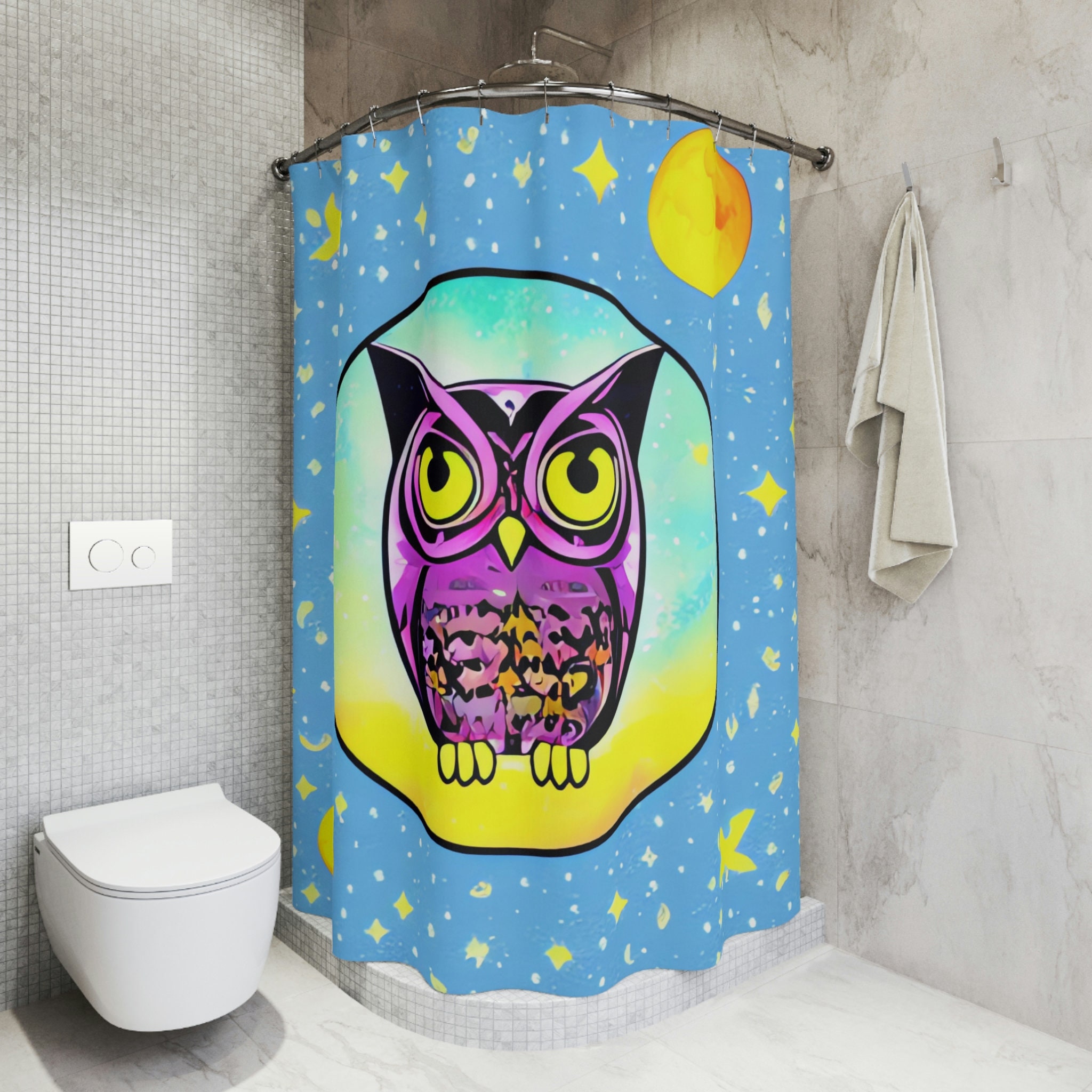 Wildlife Art Cosmic Owl Print Shower Curtain For Nature Inspired Bathroom Decor