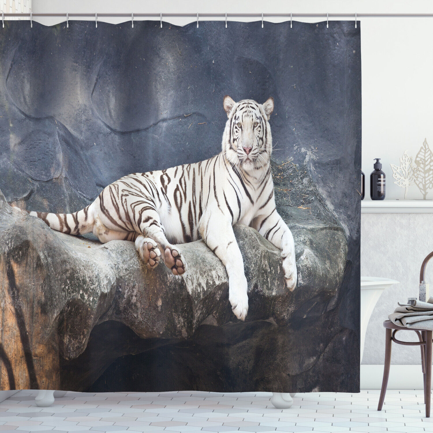 Wildlife Cat on the Rock Shower Curtain for Serene Bathroom Decor