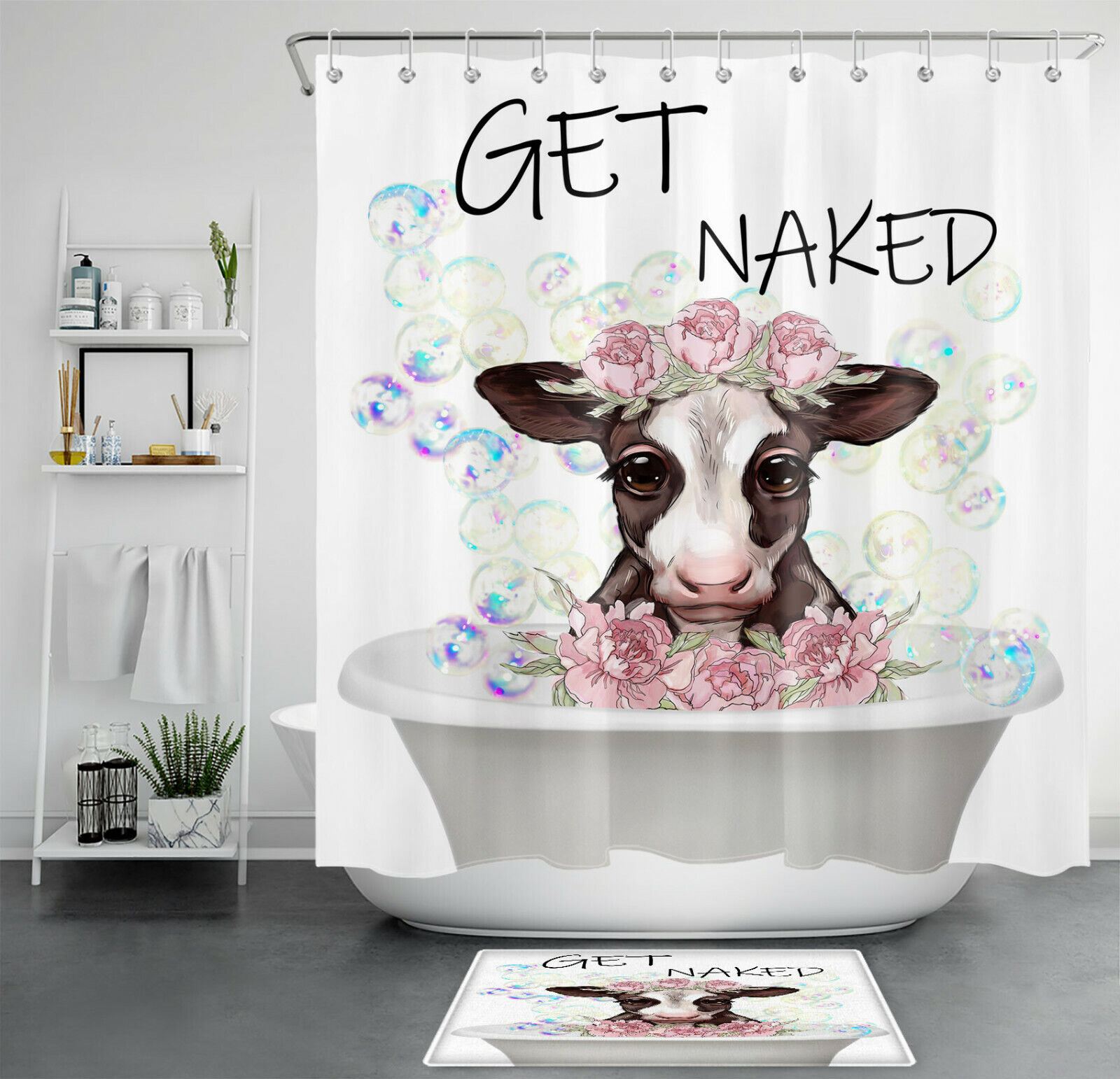 Wildlife Cow Flower Shower Curtain - Farmhouse Animal And Flower Bathtub For A Rustic Bathroom Decor