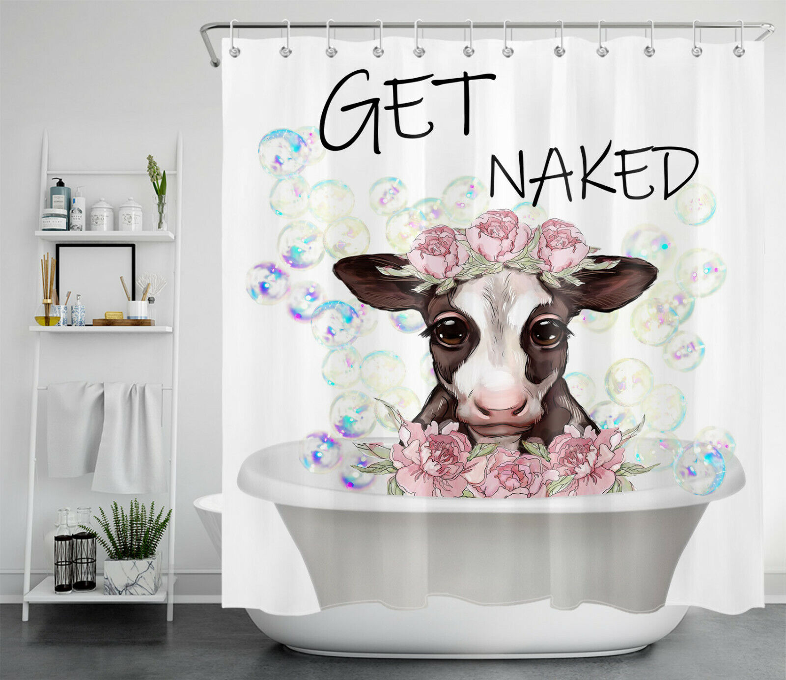 Wildlife Cow Flower Shower Curtain - Farmhouse Animal And Flower Bathtub For A Rustic Bathroom Decor - Image 2