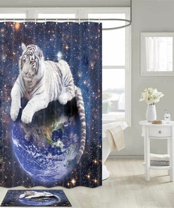 Wildlife Fiery White Tiger and Earth Shower Curtain, Fabric for Bathroom Decor, Eye-catching and Unique