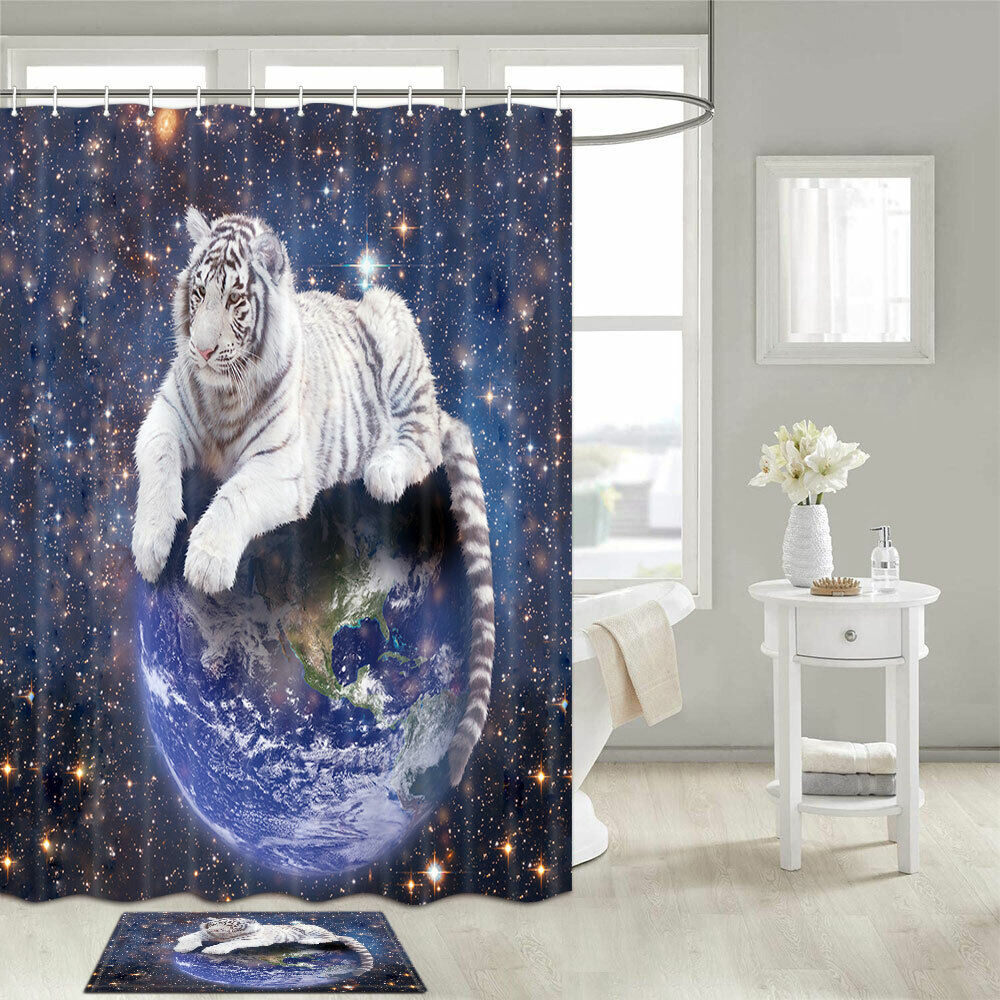 Wildlife Fiery White Tiger and Earth Shower Curtain, Fabric for Bathroom Decor, Eye-catching and Unique
