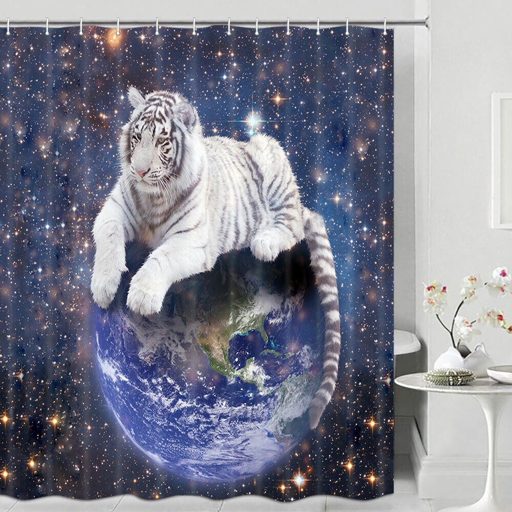 Wildlife Fiery White Tiger and Earth Shower Curtain, Fabric for Bathroom Decor, Eye-catching and Unique