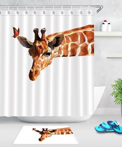 Wildlife Giraffe Butterfly White Shower Curtain With Creative Design For Bathroom Decor