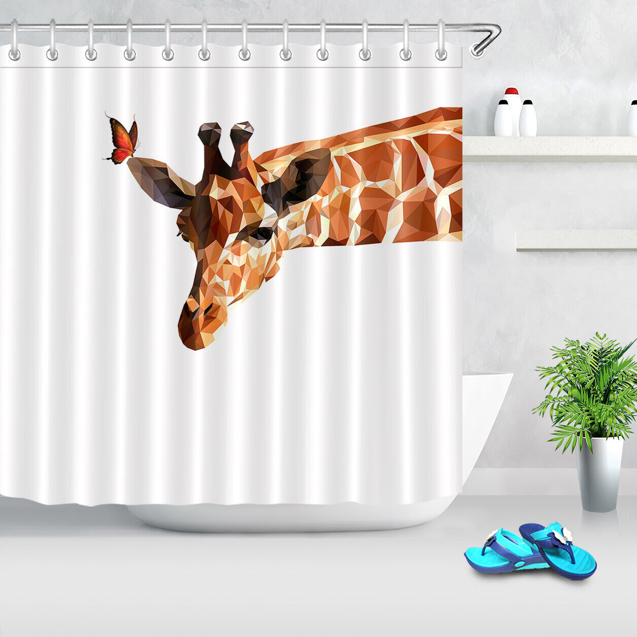 Wildlife Giraffe Butterfly White Shower Curtain With Creative Design For Bathroom Decor - Image 2
