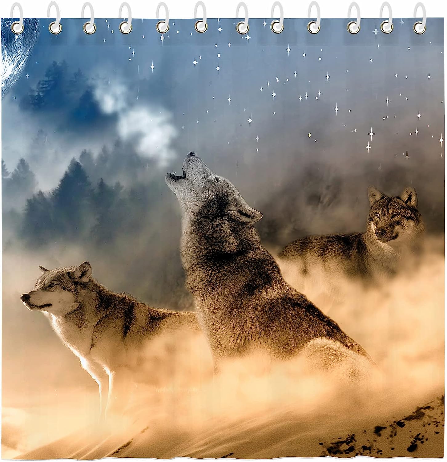 Wildlife Howling Full Moon Galaxy Wolf Print Fabric Shower Curtain