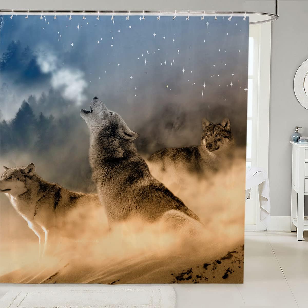 Wildlife Howling Full Moon Galaxy Wolf Print Fabric Shower Curtain