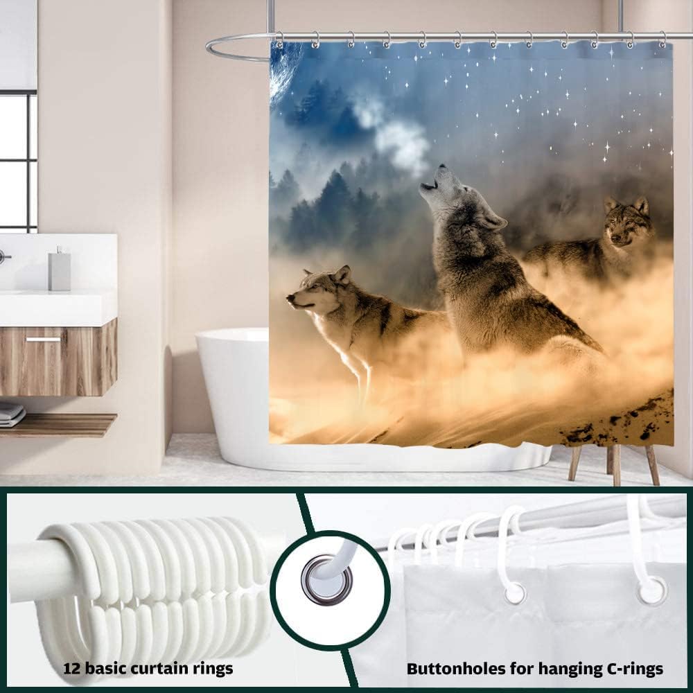 Wildlife Howling Full Moon Galaxy Wolf Print Fabric Shower Curtain