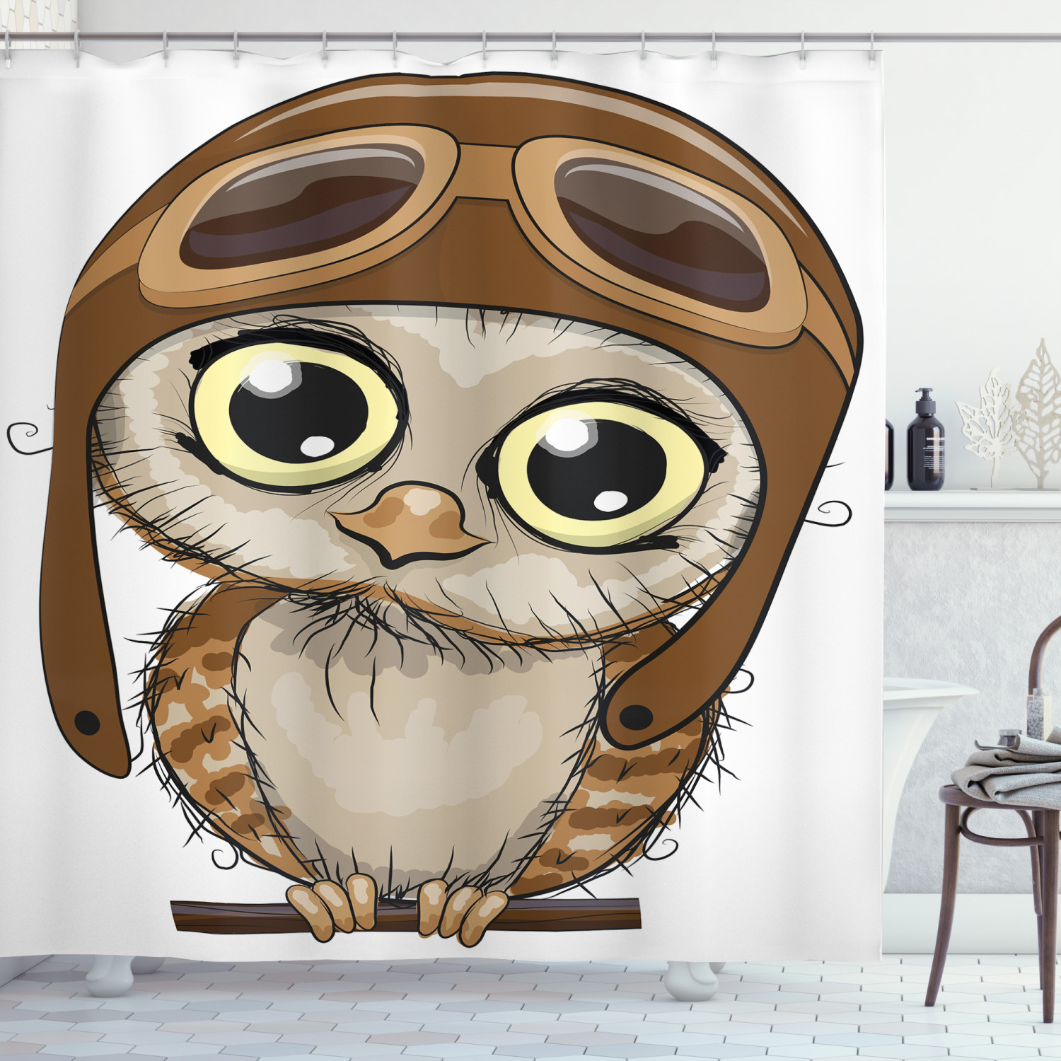 Wildlife Humor Comic Artistic Owl in a Pilot Hat Shower Curtain for Bathroom Decor