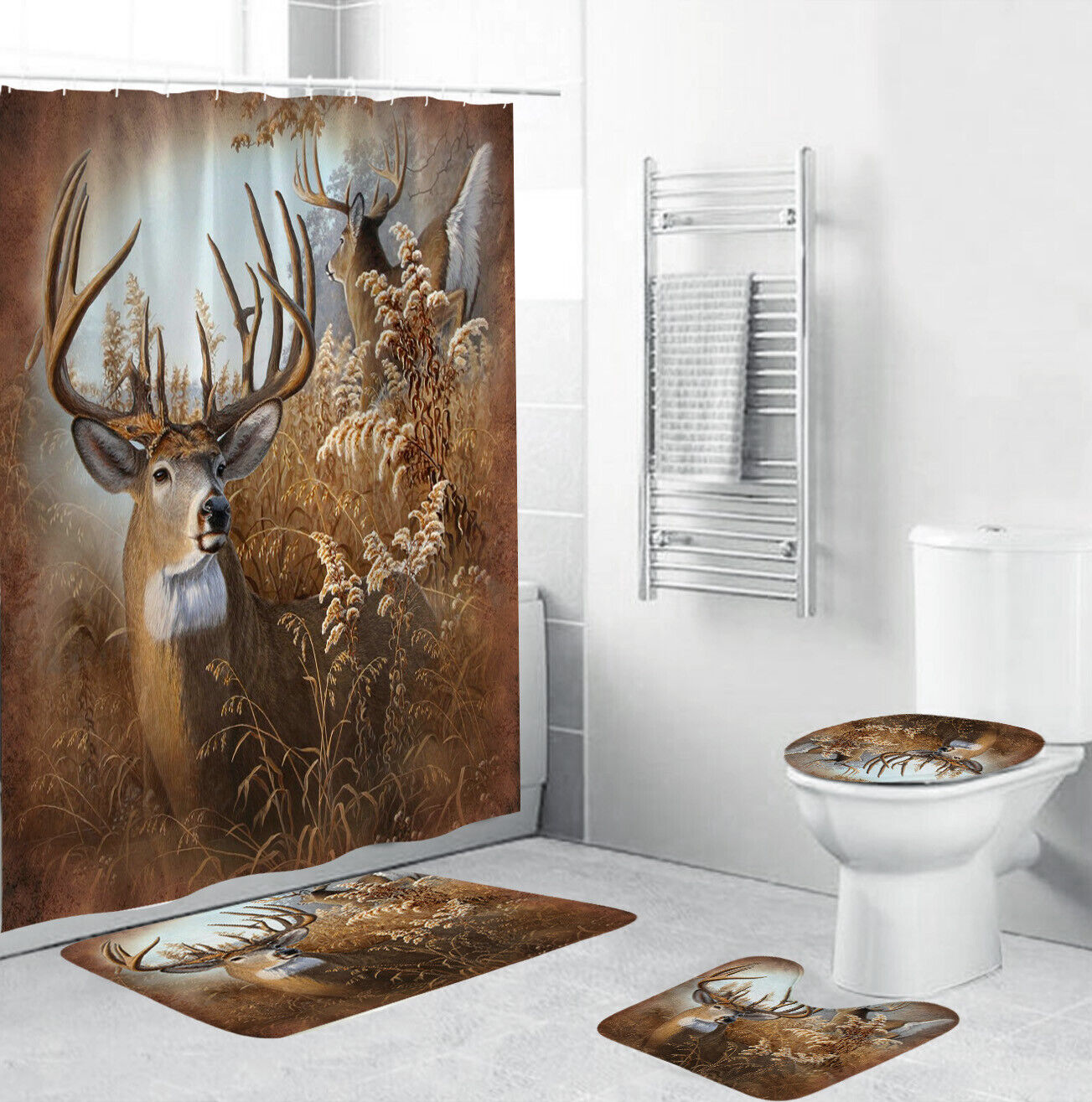 Wildlife Inspired Shower Curtain With Deer And Elk Prints