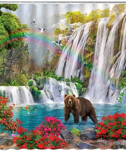 Wildlife Jungle Shower Curtain with Waterfall and Bear in Tropical Rainforest