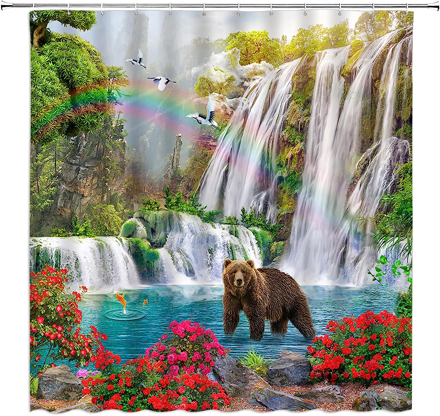 Wildlife Jungle Shower Curtain with Waterfall and Bear in Tropical Rainforest