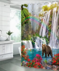 Wildlife Jungle Shower Curtain with Waterfall and Bear in Tropical Rainforest
