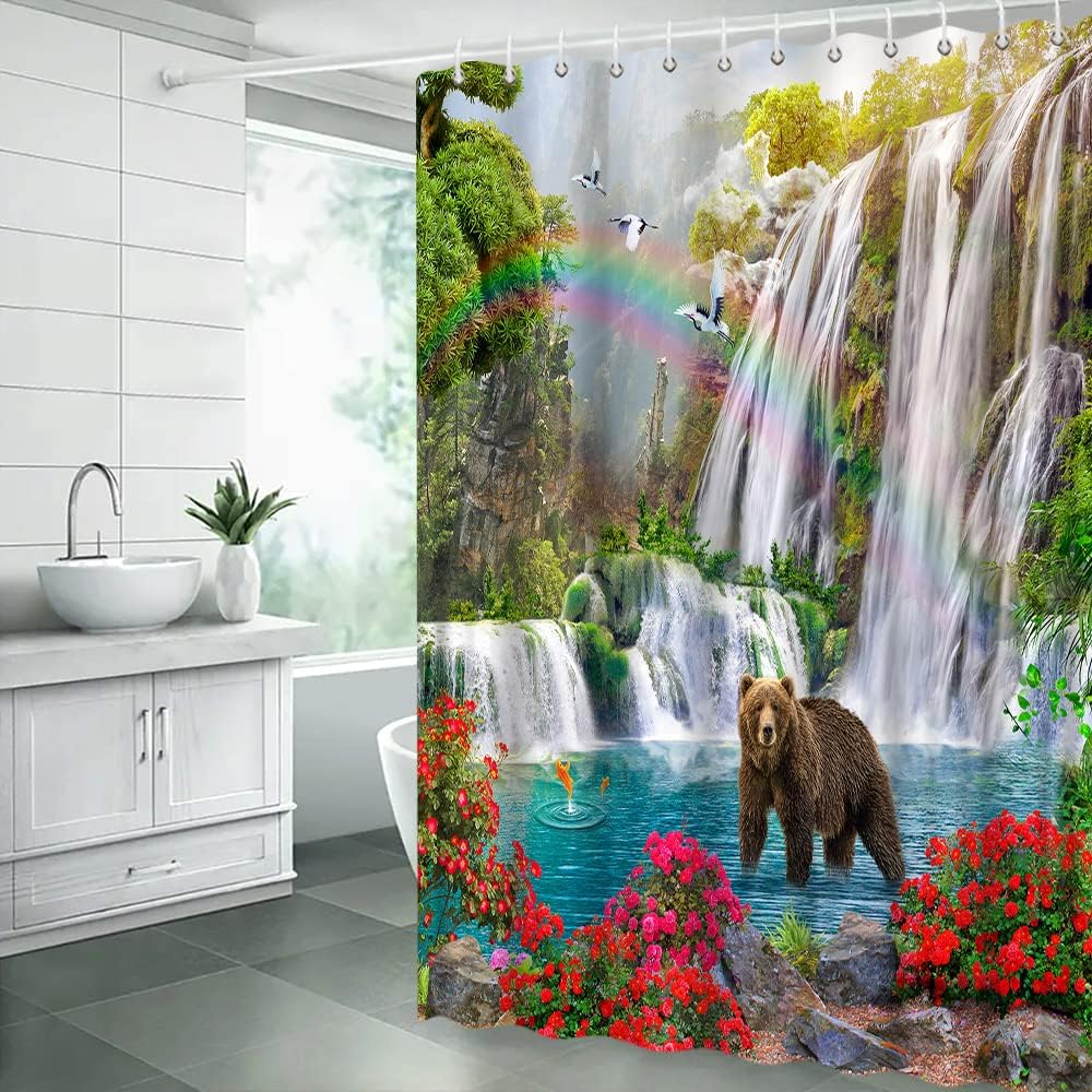 Wildlife Jungle Shower Curtain with Waterfall and Bear in Tropical Rainforest