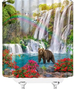 Wildlife Jungle Shower Curtain with Waterfall and Bear in Tropical Rainforest