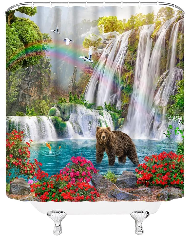 Wildlife Jungle Shower Curtain with Waterfall and Bear in Tropical Rainforest