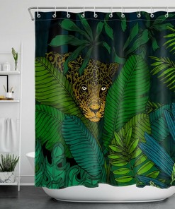Wildlife Leopard and Green Leaves Shower Curtain, Jungle Bathroom Decor with Plants and Animals