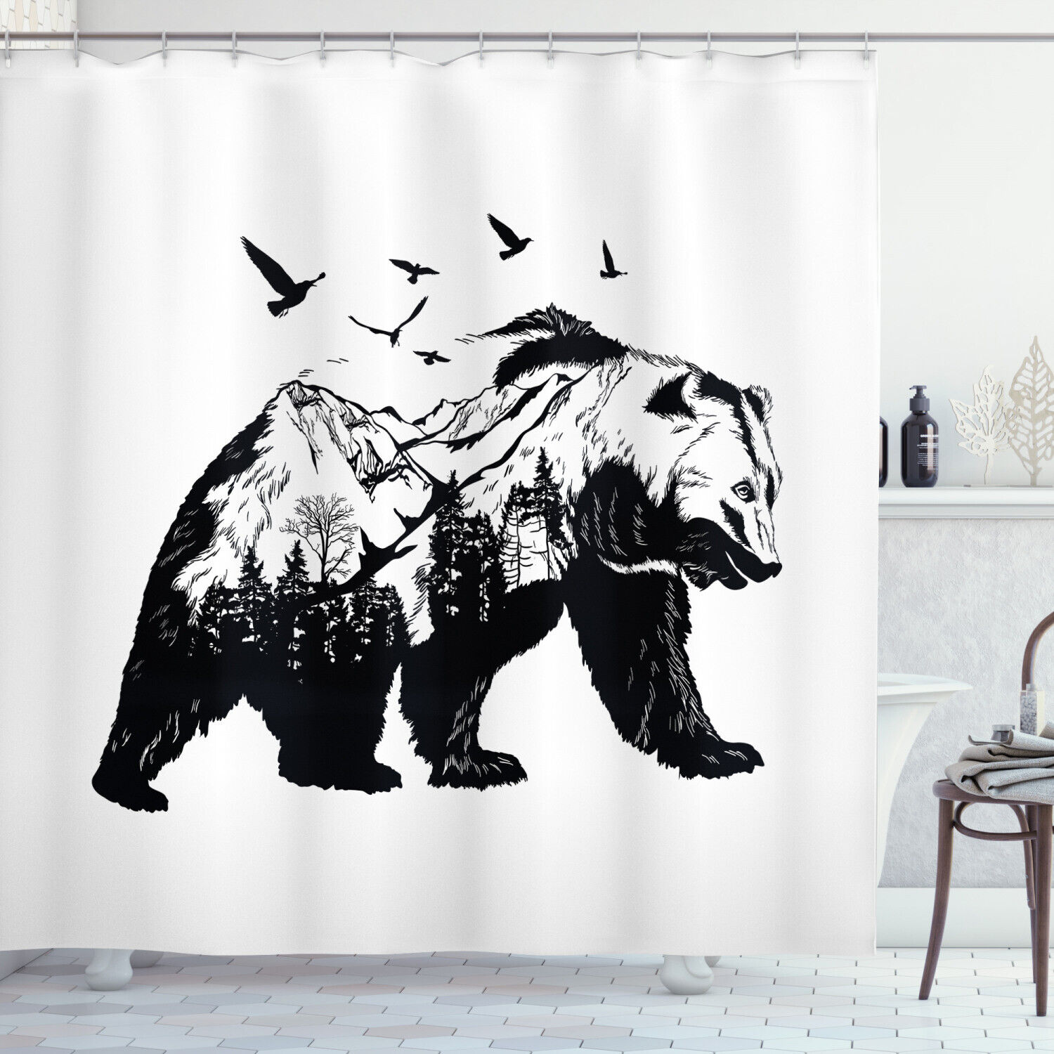 Wildlife Mammal Silhouette Shower Curtain With Bear Print, Perfect For Rustic Bathroom Decor