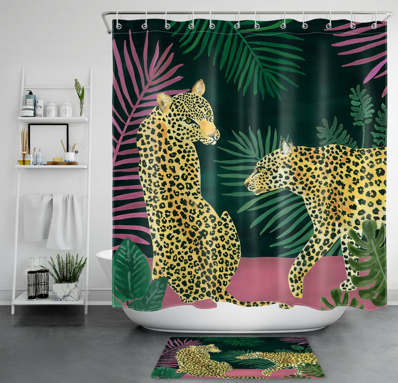 Wildlife Monster Shower Curtain featuring Palm Leaf and Leopard for the Adventurous Spirit