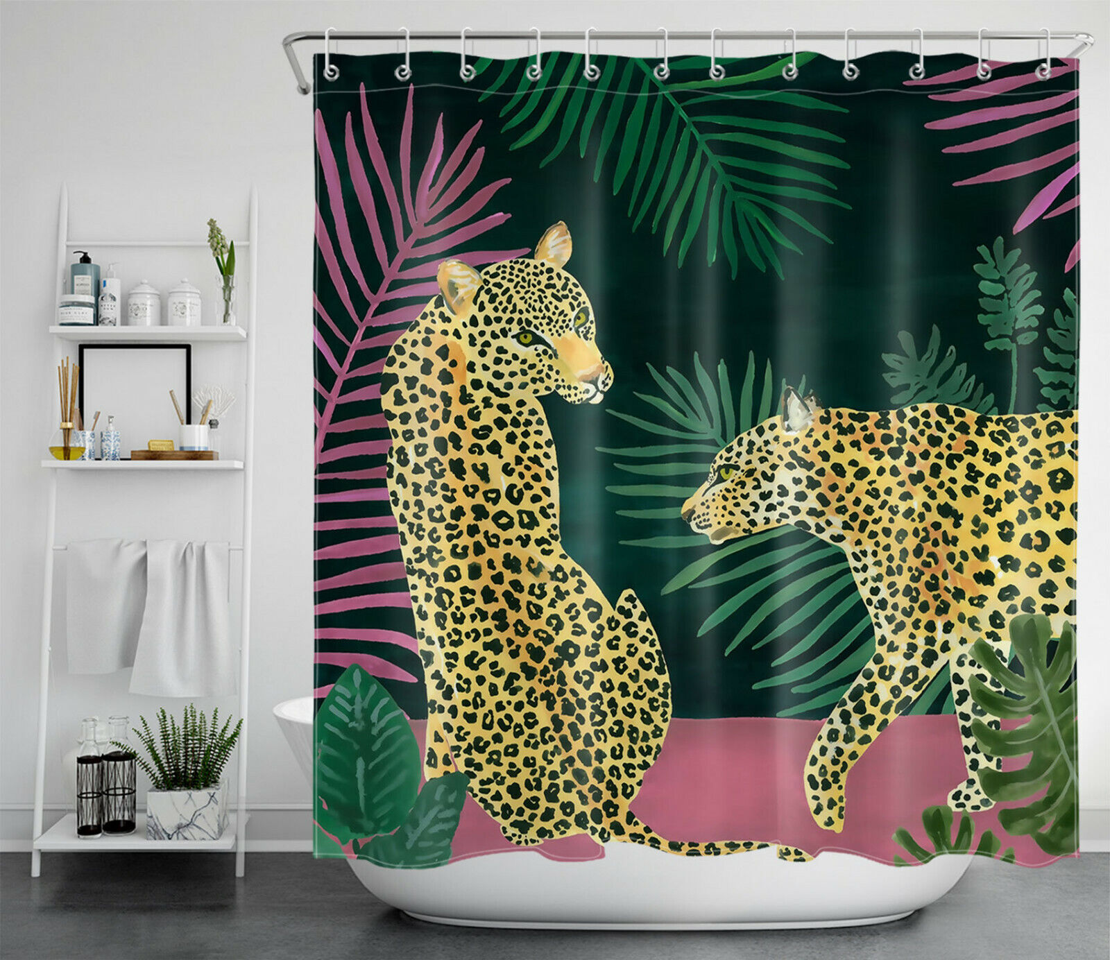 Wildlife Monster Shower Curtain featuring Palm Leaf and Leopard for the Adventurous Spirit