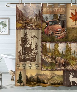 Wildlife Mountain Tree Rustic Bear Shower Curtain for Lodge and Cabin Decor