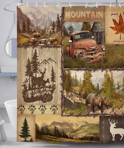 Wildlife Mountain Tree Rustic Bear Shower Curtain for Lodge and Cabin Decor