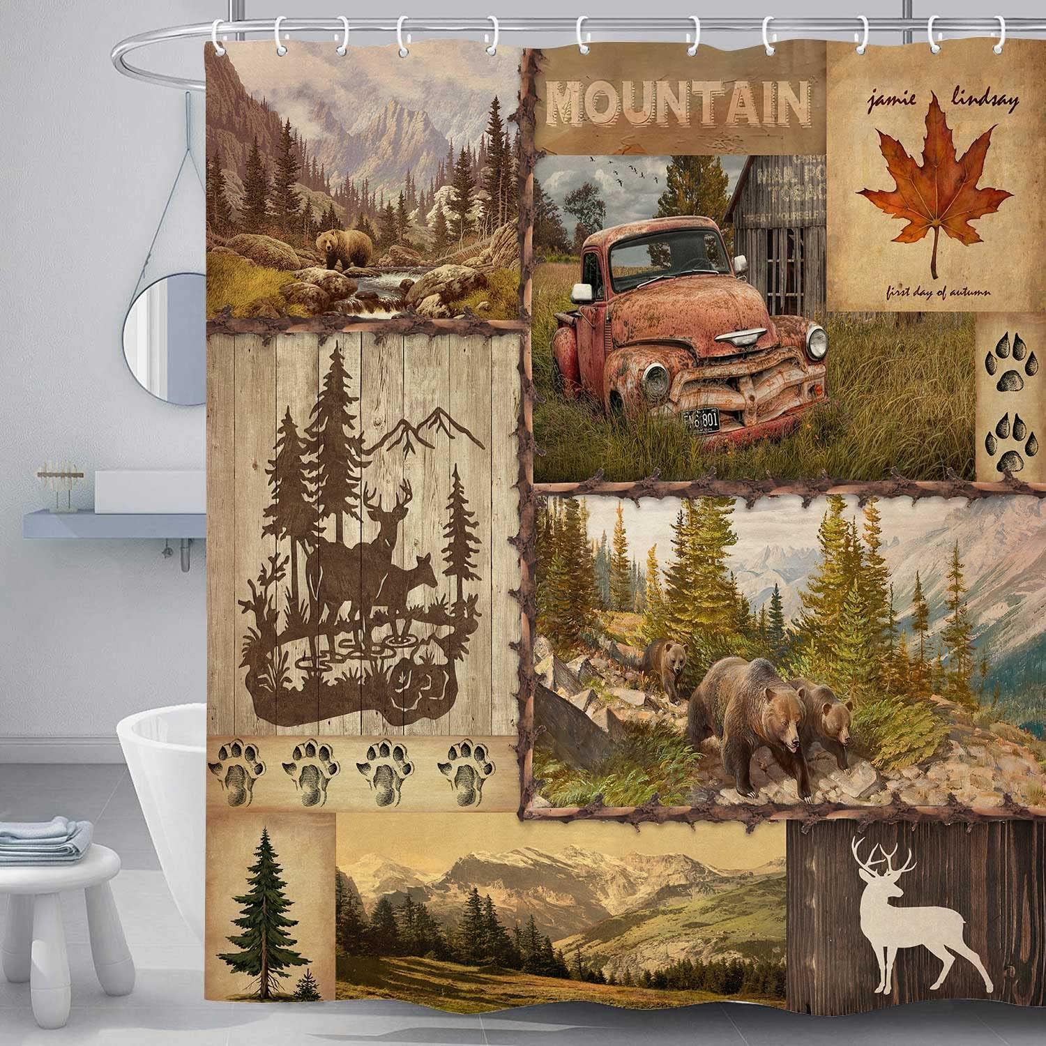 Wildlife Mountain Tree Rustic Bear Shower Curtain for Lodge and Cabin Decor