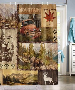 Wildlife Mountain Tree Rustic Bear Shower Curtain for Lodge and Cabin Decor