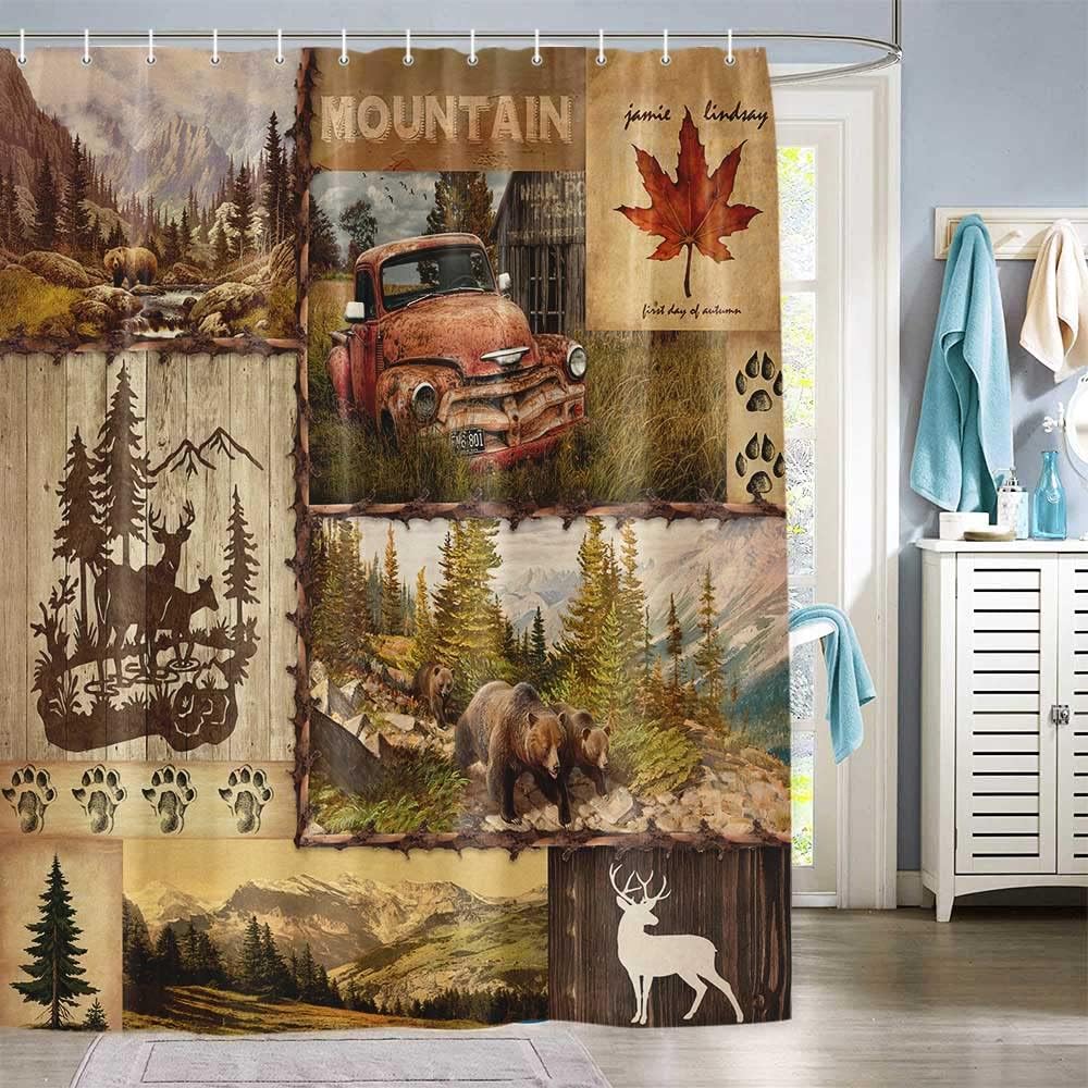 Wildlife Mountain Tree Rustic Bear Shower Curtain for Lodge and Cabin Decor