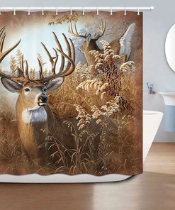 Wildlife Painting Deer Shower Curtain - Woodsy Animal Bathroom Decor