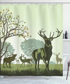 Wildlife Park Shower Curtain With Deer And Moose Print For Lovers Of The Outdoors