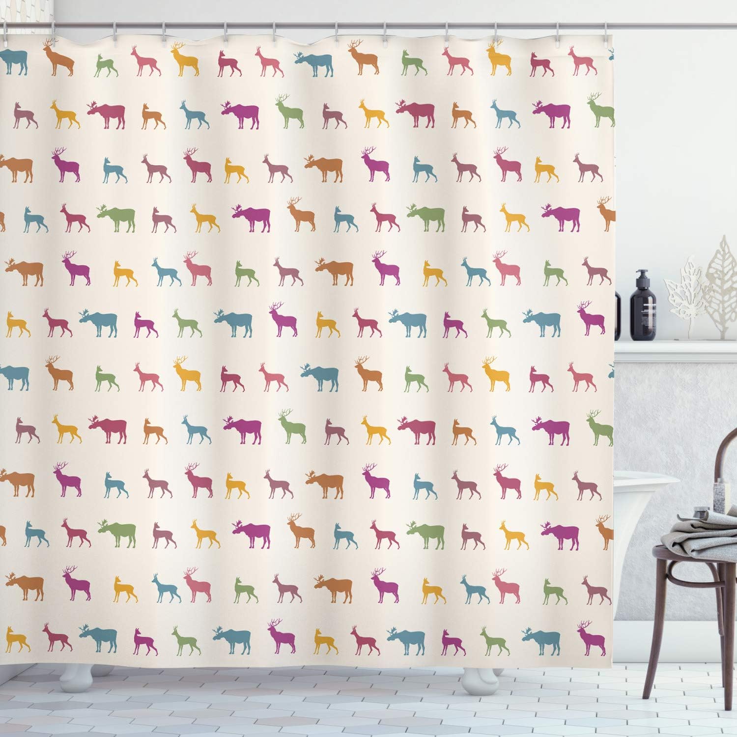 Wildlife Pattern Inspired Colorful Creature Silhouettes Deer Shower Curtain - Cloth Fabric Bathroom Decors