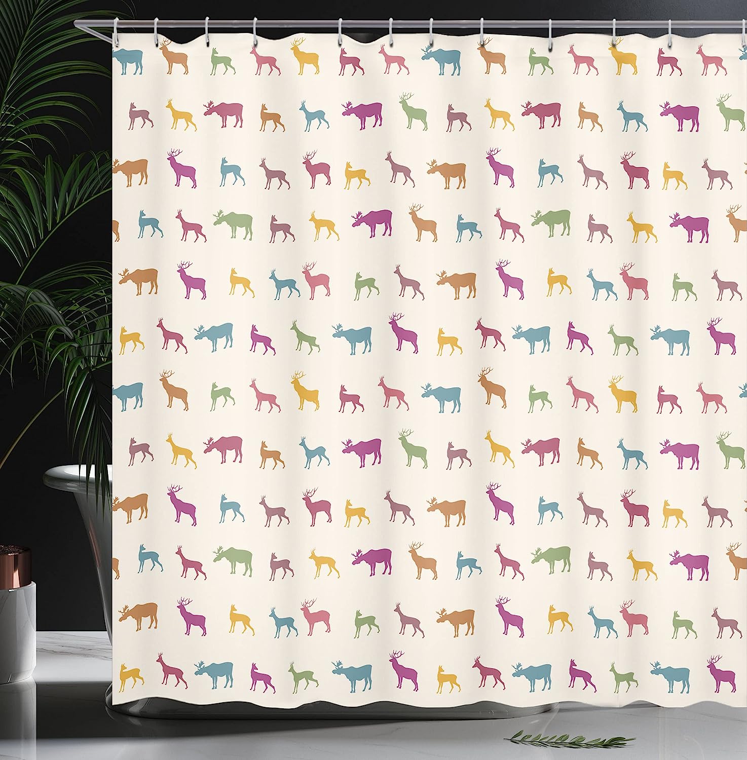 Wildlife Pattern Inspired Colorful Creature Silhouettes Deer Shower Curtain - Cloth Fabric Bathroom Decors - Image 3