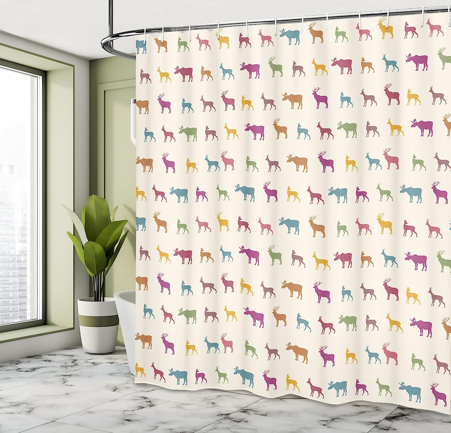 Wildlife Pattern Inspired Colorful Creature Silhouettes Deer Shower Curtain - Cloth Fabric Bathroom Decors - Image 4