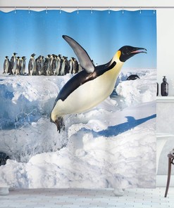 Wildlife Penguin Shower Curtain, Pole Swimming Flying Dancing Family Group Icebergs Antarctica