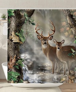 Wildlife Reindeer Brook Foggy Forest Deer Shower Curtain For Bathroom 