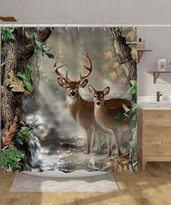 Wildlife Reindeer Brook Foggy Forest Deer Shower Curtain For Bathroom