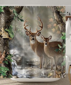 Wildlife Reindeer Brook Foggy Forest Deer Shower Curtain For Bathroom 